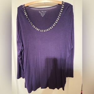 Chico's Deep Purple Long Sleeve Top with Embellished Neckline